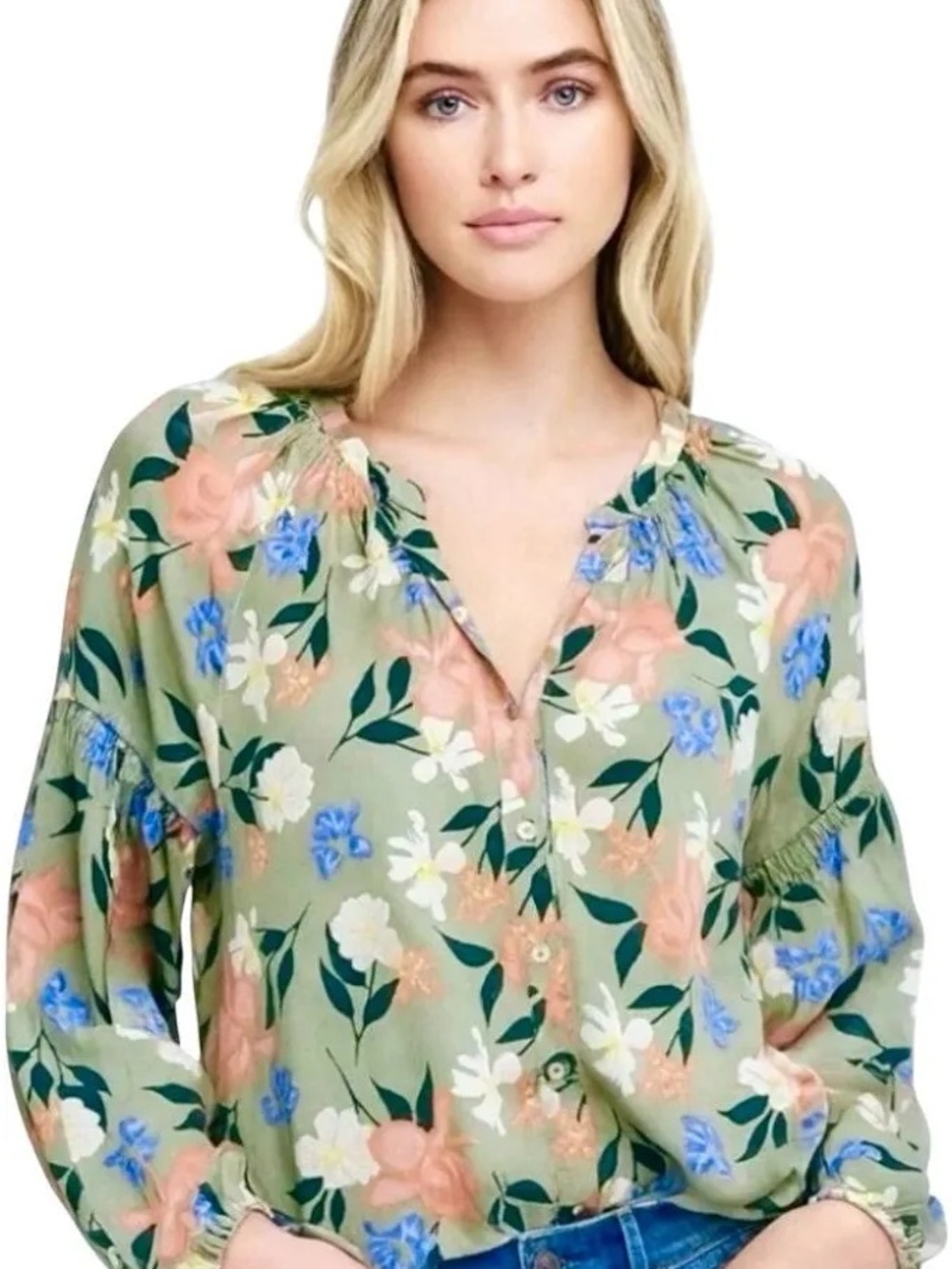 Frye Sage Green Floral Button V-Neck Blouse